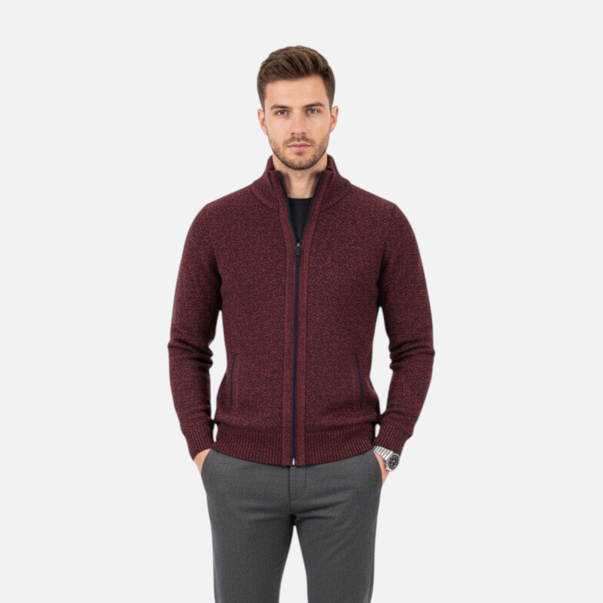VELYXA | Men’s Zip-Up Knit Sweater – Wool & Cotton Blend