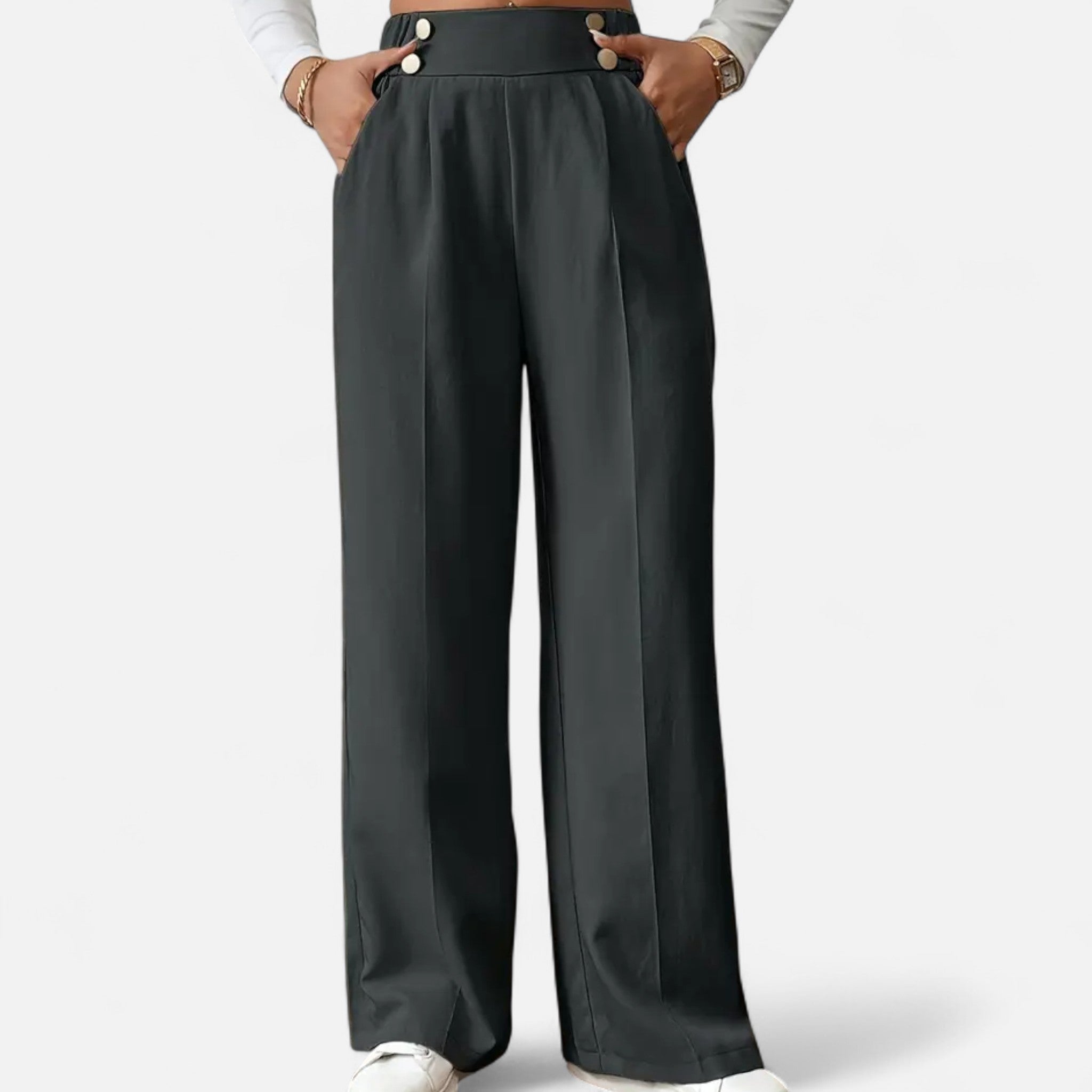 VELYXA | Women’s High-Waist Wide-Leg Pants with Button Detail