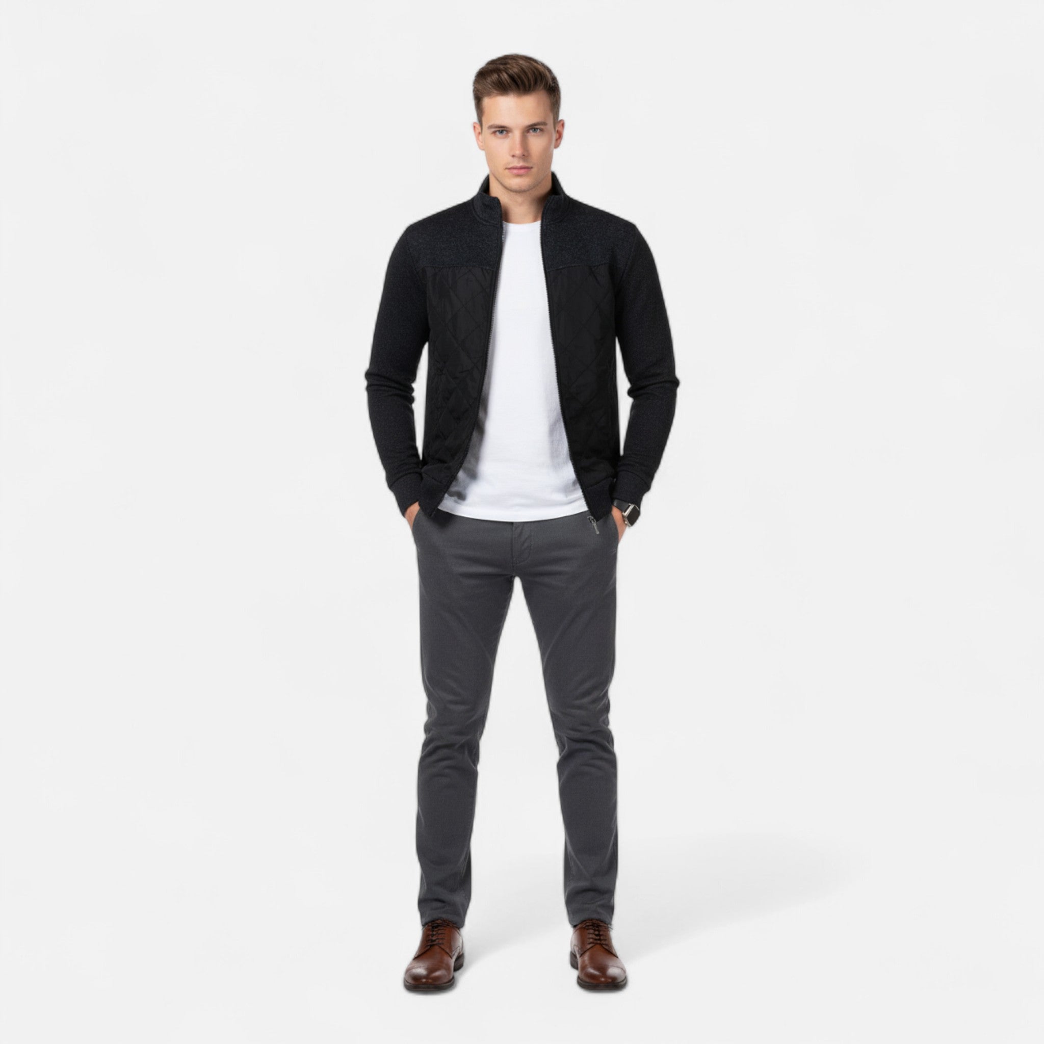 VELYXA | Men’s Knit Cardigan with Stand Collar – Wool-Cotton Blend