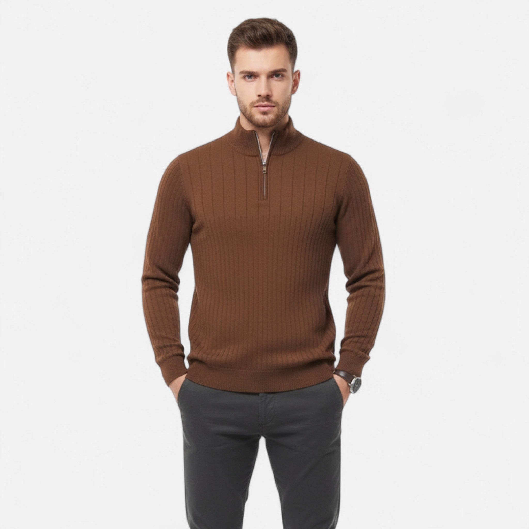 VELYXA | Men’s Half-Zip Wool-Blend Knit Sweater with Stand Collar